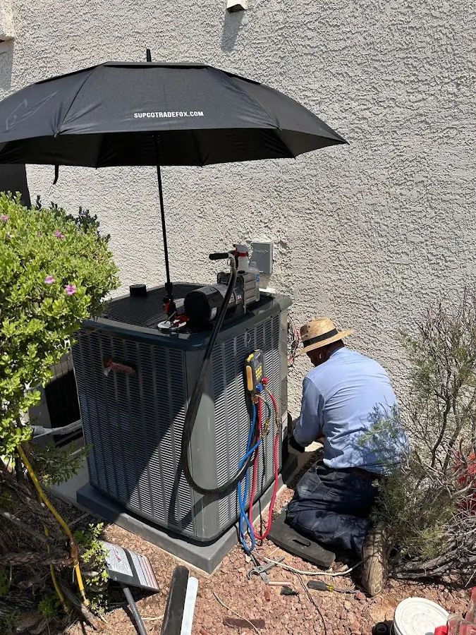 HVAC technician performing outdoor AC maintenance in Elk River